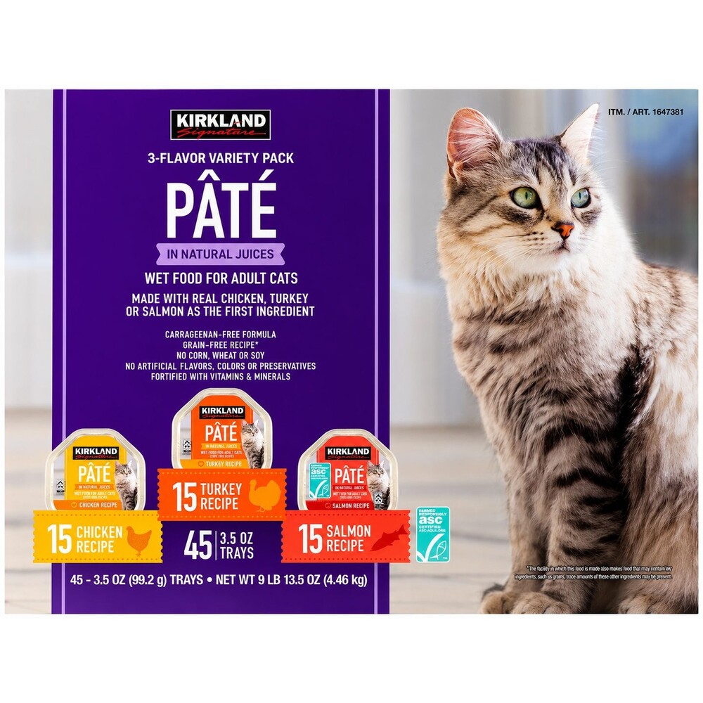Kirkland Pate Wet Cat Food - 3 Flavor Variety Pack - 45 individual Trays 3.5 OZ